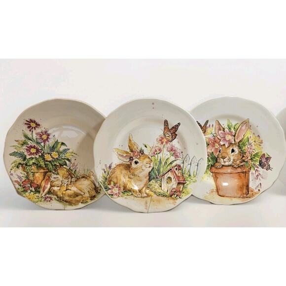 Pier 1 "Hop Town Bunnies" 8.5 in Salad Plates Set Of 3 Retired Easter Spring - Picture 1 of 8